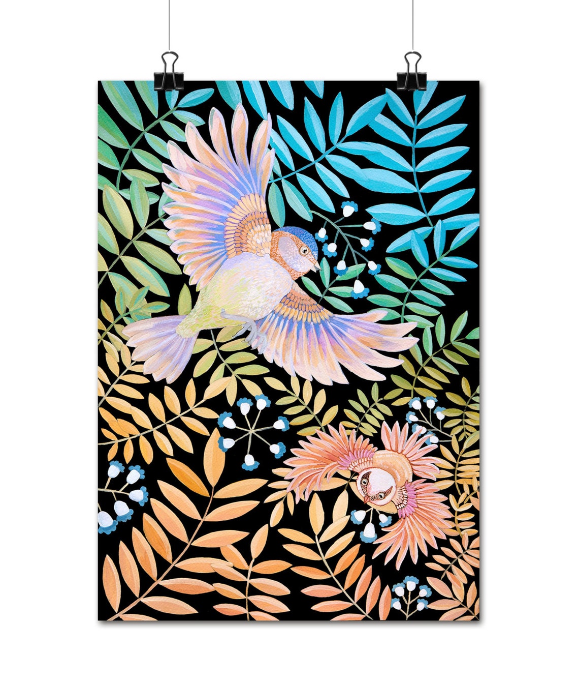 Colorful Tropical Birds In Flight Black Botanical Dramatic Art Poster - Image 2