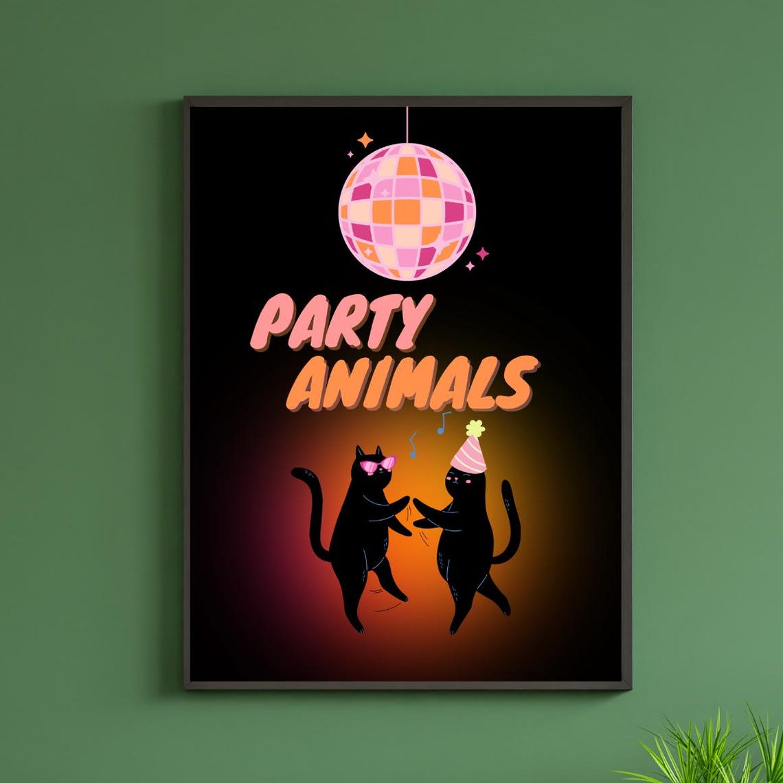 Party Animals Dancing Black Cats Disco Ball Funny Cat Poster Art