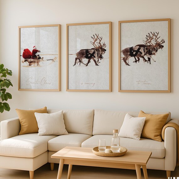 Santa Claus Is Coming To Town Reindeer Trio Set of 3 Christmas Art Poster