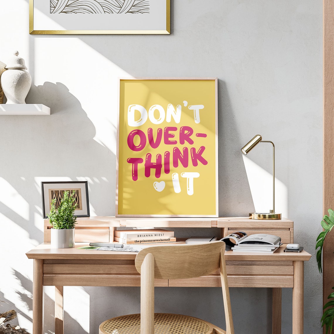 Don't Overthink It Bubble Letter Quote Poster Yellow Bedroom Decor - Image 2