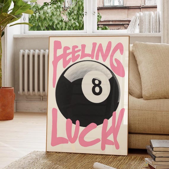 Pink Vintage 8 Pool Ball Print Retro Handdrawn Girly Wall Art Trendy Bar Cart Poster Lucky Girl Apartment