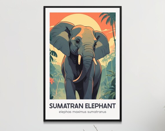 Retro Sumatran Elephant Poster Endangered Species Wall Art Vintage Style Home Decor Asian Gift