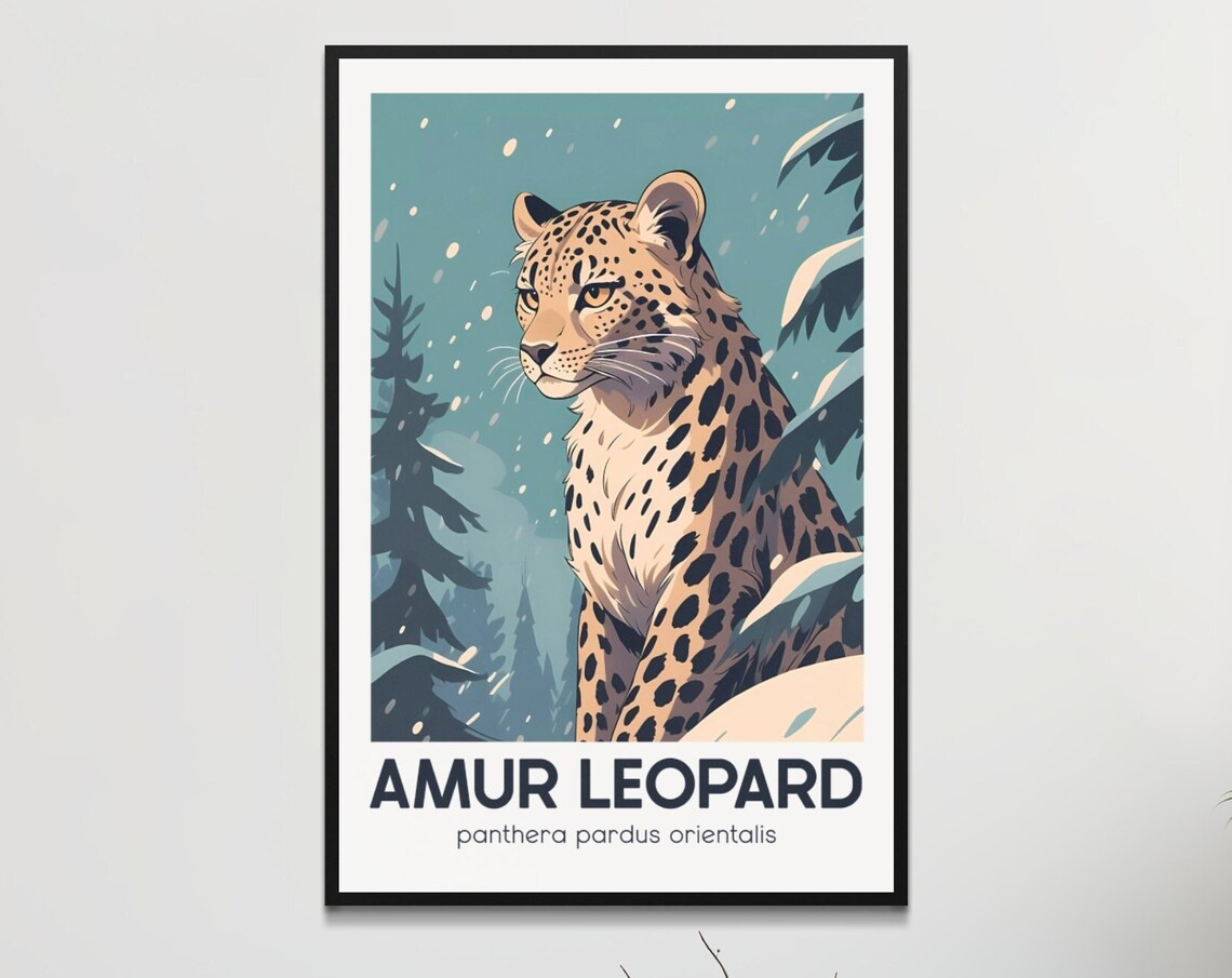 Amur Leopard Poster Vintage Style Wall Art Retro Endangered Species Home Decor