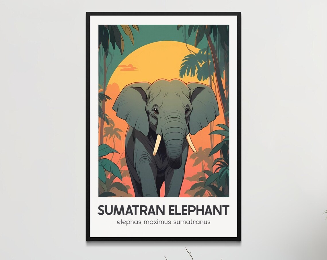 Sumatran Elephant Retro Style Poster Vintage Jungle Wall Art Endangered Species Home Decor