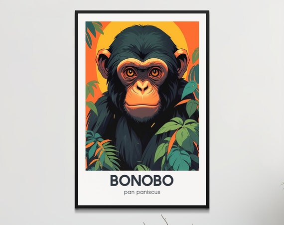 Retro Bonobo Poster Endangered Species Wall Art Vintage Style Animal Print Home Decor Nature Inspired Illustration Rainforests Of Congo