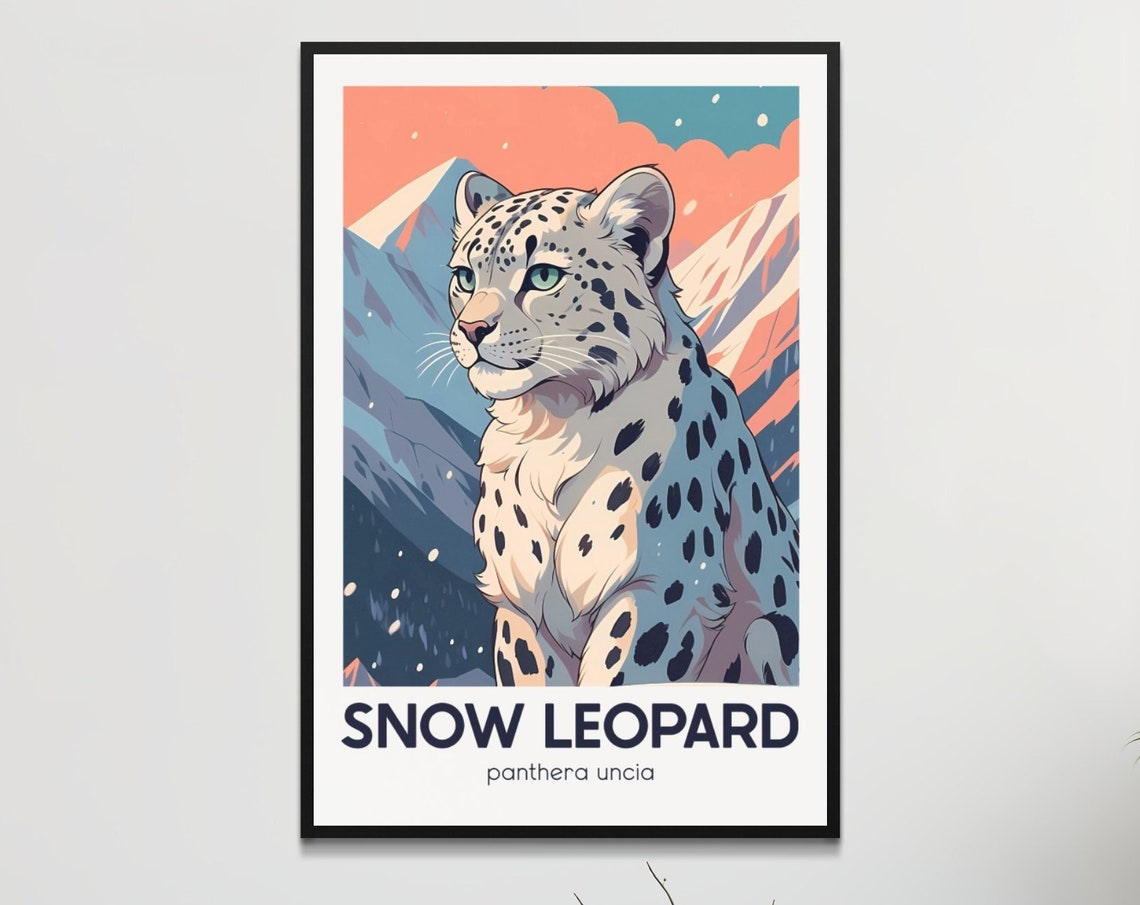 Snow Leopard Portrait in Falling Snow Winter Wildlife Poster