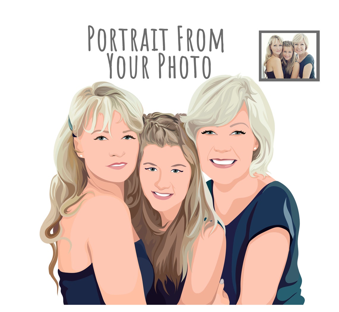 Custom Portrait Illustration of Three Smiling Women Hugging From Photo Poster