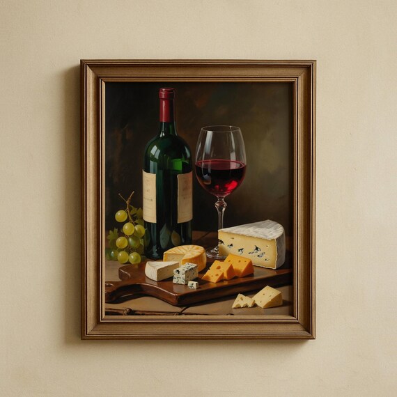 Rustic Wine And Cheese Still Life Vintage Kitchen Decor Poster