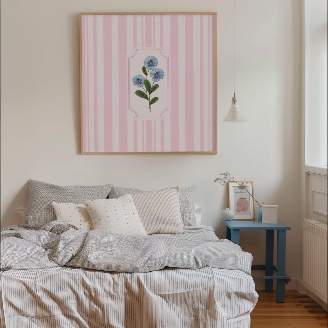 Blue Flower Vintage Botanical Pink Striped Bedroom Art Poster