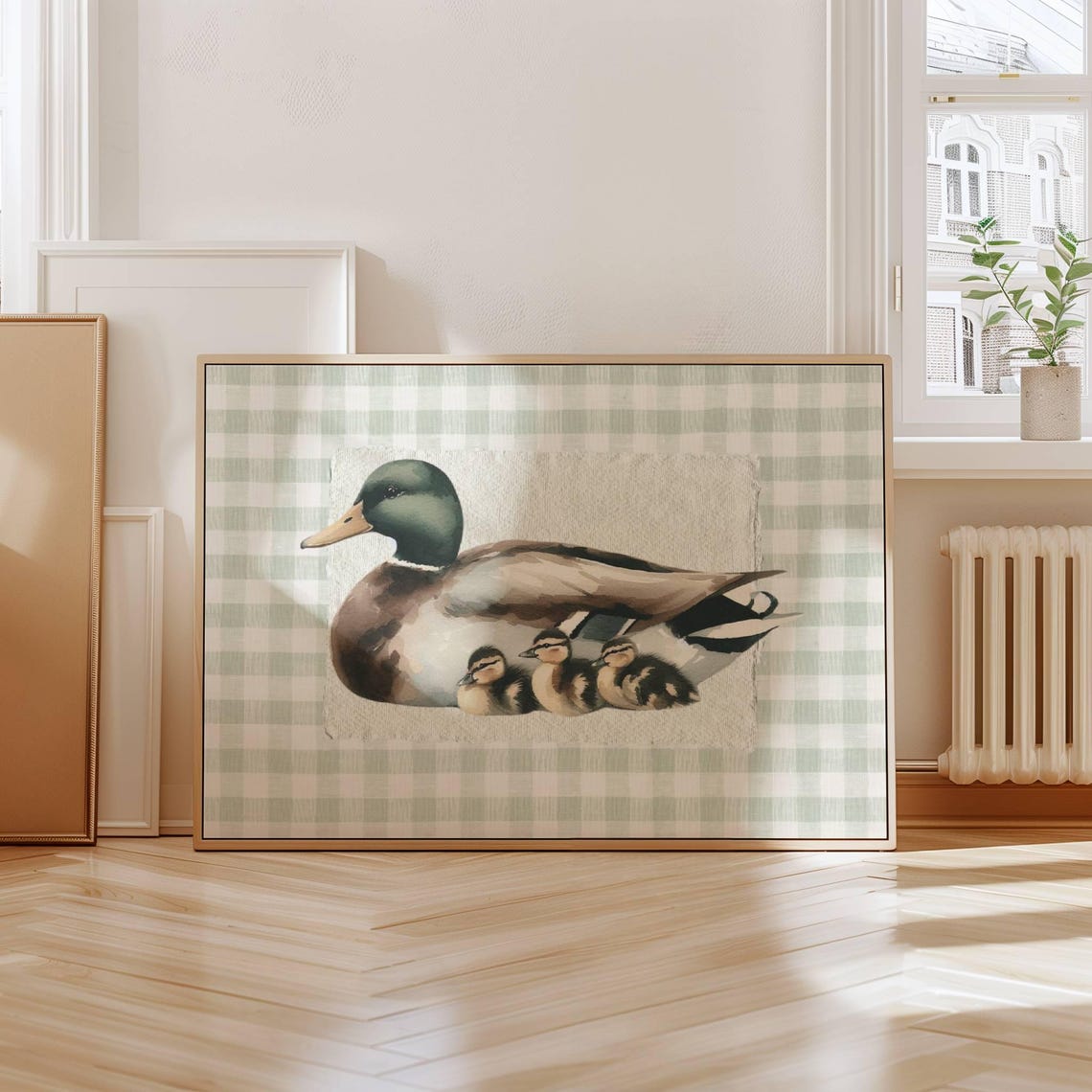 Mallard Duck With Ducklings Watercolor Gingham Nursery Wall Print