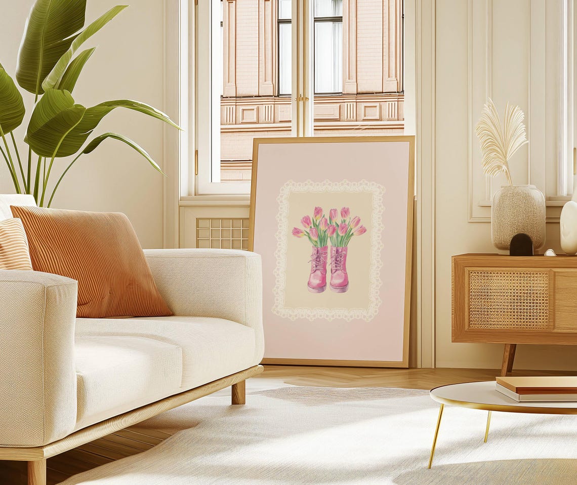 Pink Cowboy Boots With Tulips Whimsical Floral Art Decor Poster