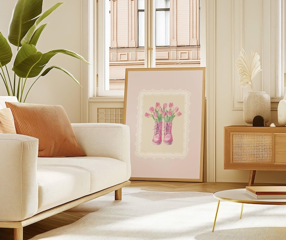 Pink Cowboy Boots With Tulips Whimsical Floral Art Decor Poster