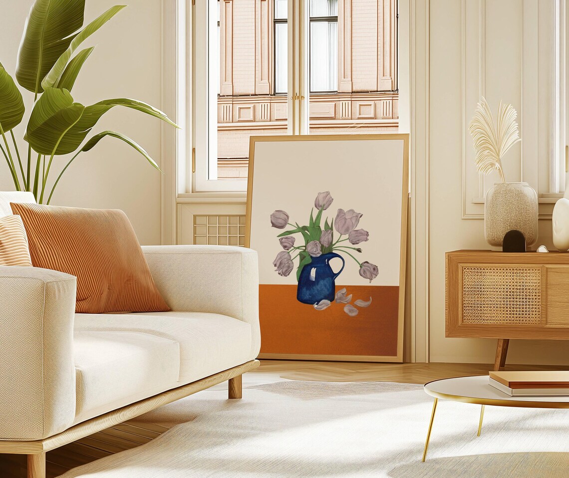 Soft Lavender Tulips In Cobalt Blue Vase Minimalist Floral Art Poster
