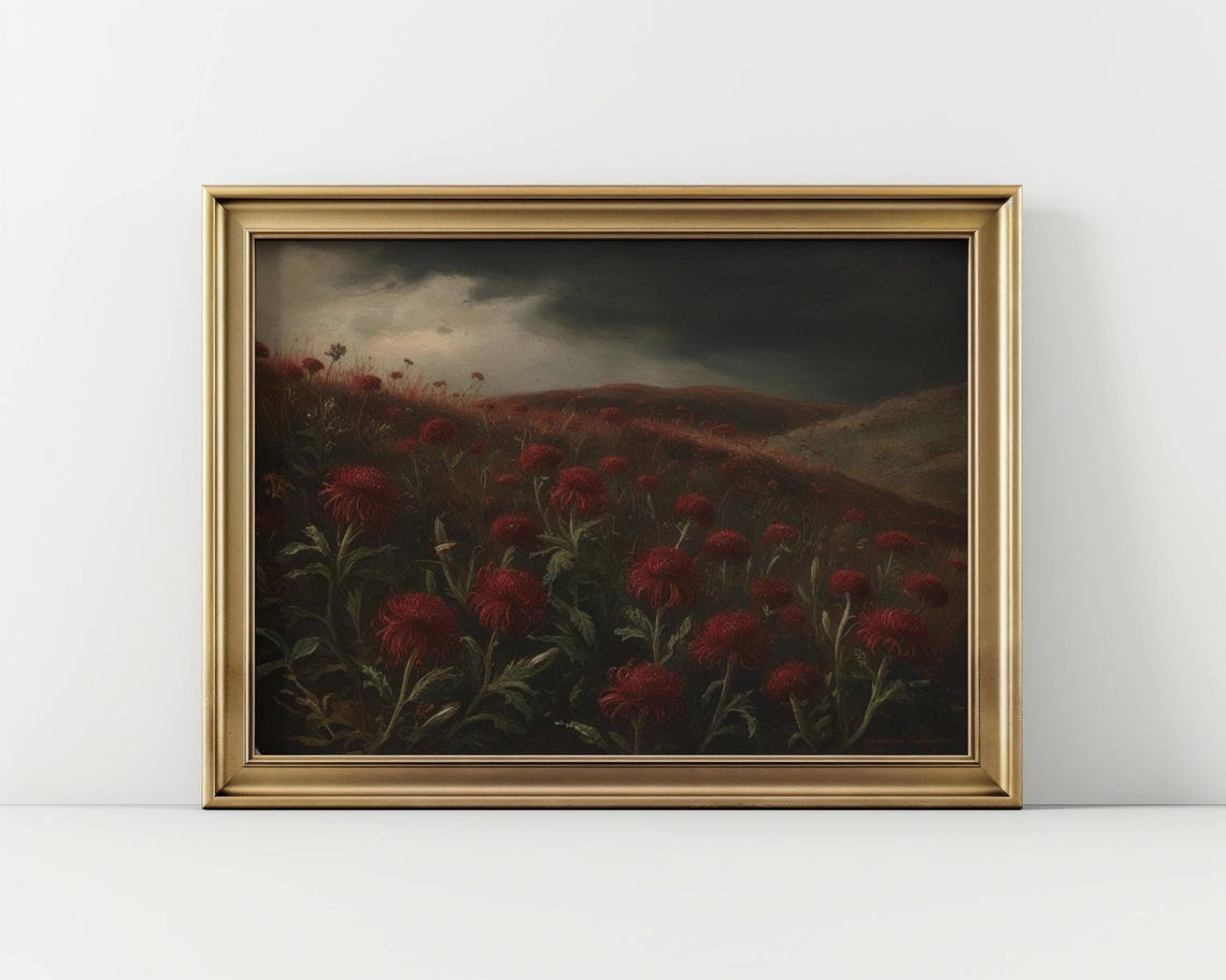 Dramatic Red Flower Field Painting Dark Moody Sky Art Poster