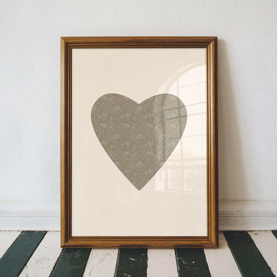 Neutral Sage Green Floral Pattern Heart Vintage Love Wall Poster