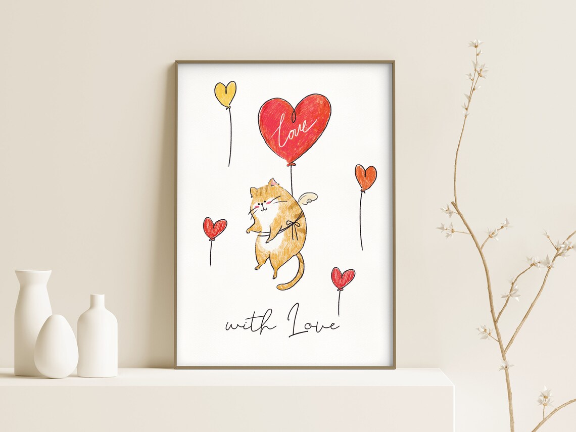 Cute Orange Cat Love Heart Balloons With Love Valentines Wall Art - Image 2