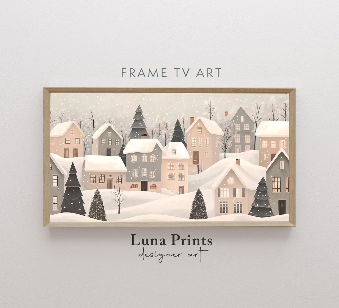 Snowy Winter Village Houses Falling Snow Neutral Holiday Poster