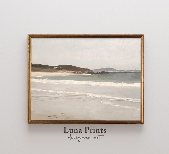Serene Beach Shoreline Gentle Waves Muted Coastal Landscape Painting Poster