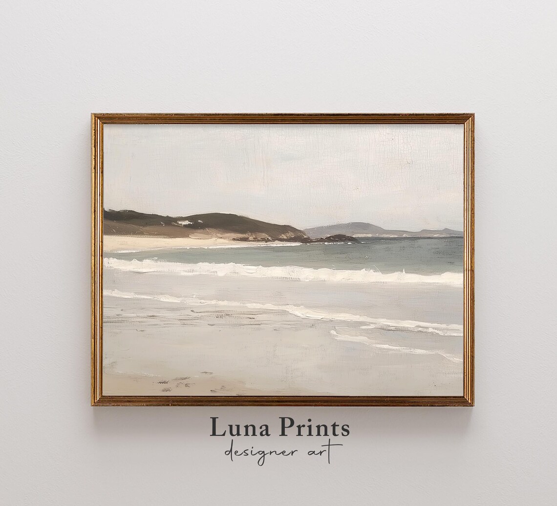 Serene Beach Shoreline Gentle Waves Muted Coastal Landscape Painting Poster