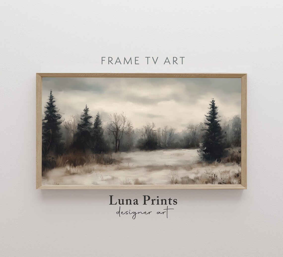 Moody Snowy Forest Meadow Dark Pines Vintage Winter Landscape Poster