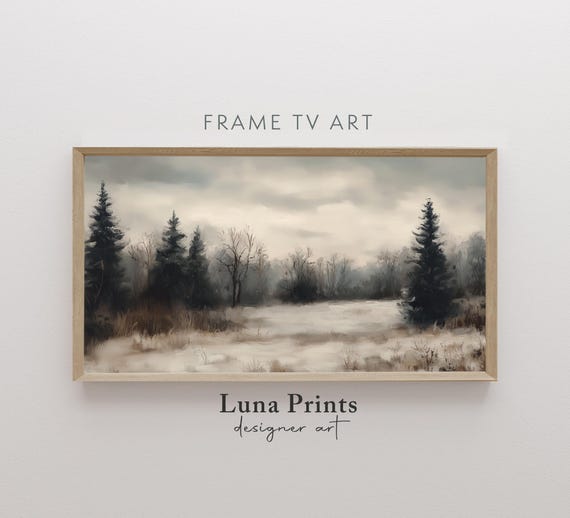 Snowy Landscape Frame Tv Art Neutral Winter Pine Forest Painting Trees Screensaver Tv10388