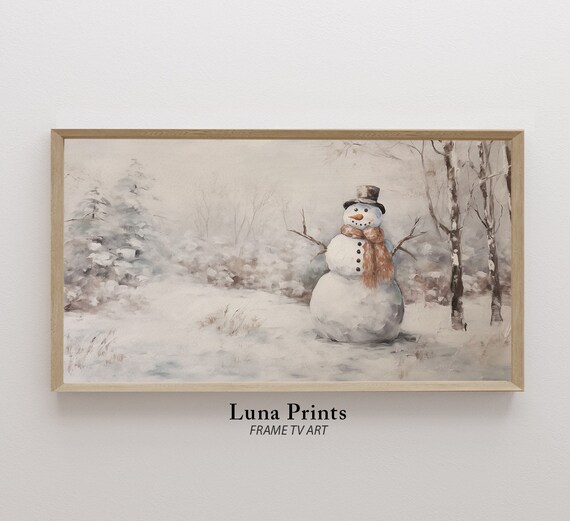 Snowman in Snowy Forest Vintage Winter Scene Top Hat Scarf Painting Poster