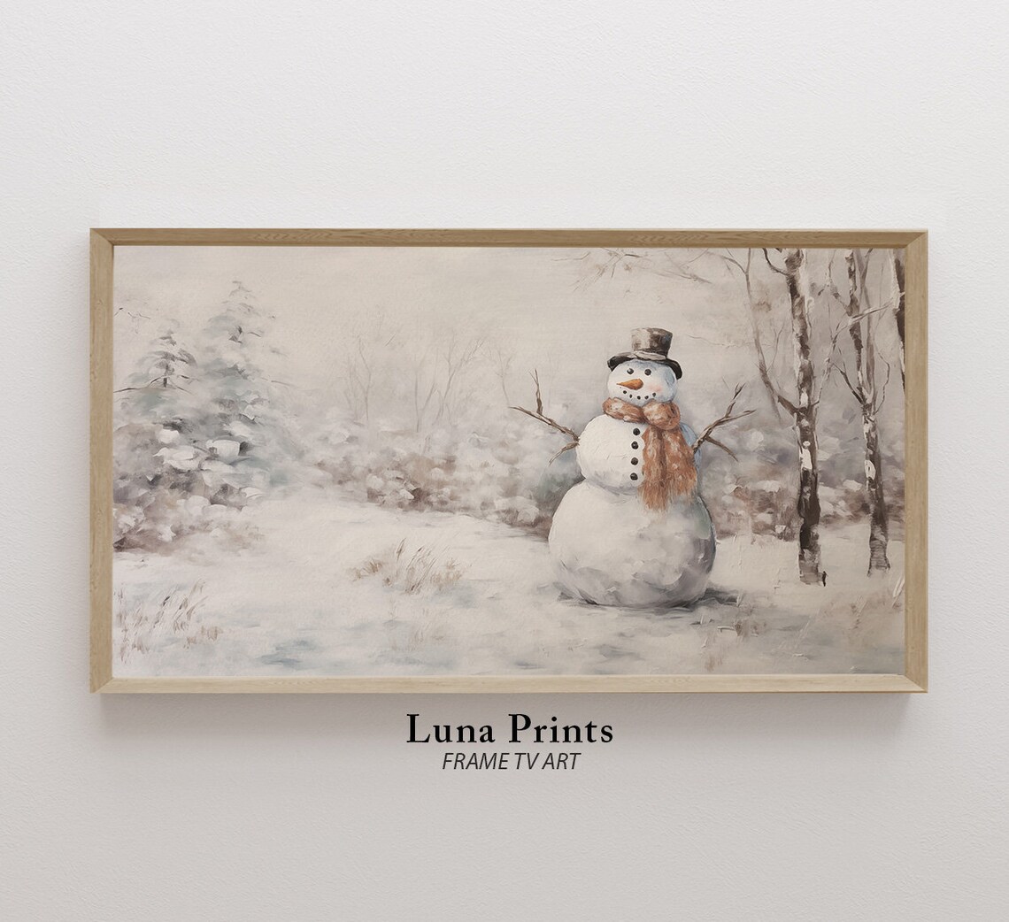 Snowman in Snowy Forest Vintage Winter Scene Top Hat Scarf Painting Poster