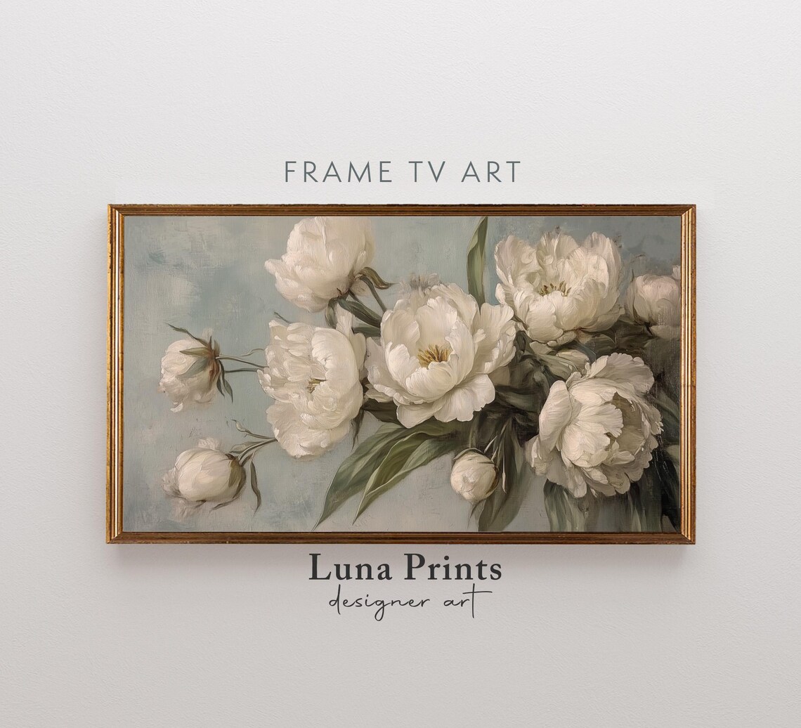 White Peonies Vintage Oil Painting Pale Blue Botanical Frame TV Poster