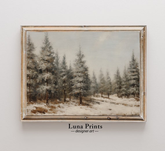 Pine Trees In The Snow Painting Art Vintage Winter Landscape