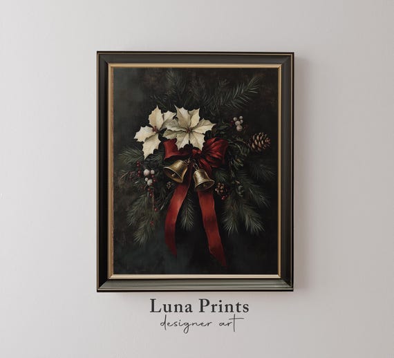 Moody Winter Botanical Art Dark Floral Artwork Pine Stems Poinsettia Red Christmas Holiday Print 10376
