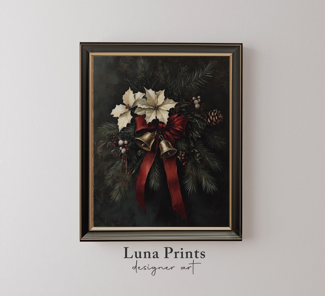 Moody Christmas Poinsettia Bells Pine Vintage Holiday Wall Art