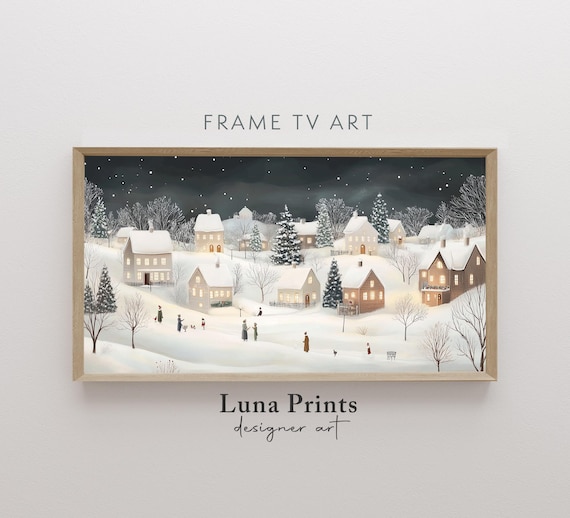 Winter Village Night Glowing Windows Snowy Street Holiday Wall Art