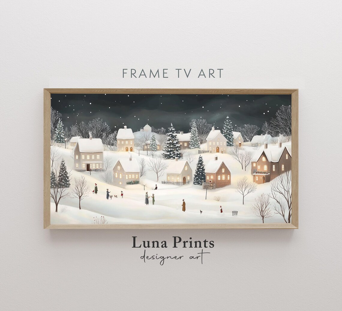 Winter Village Night Glowing Windows Snowy Street Holiday Wall Art