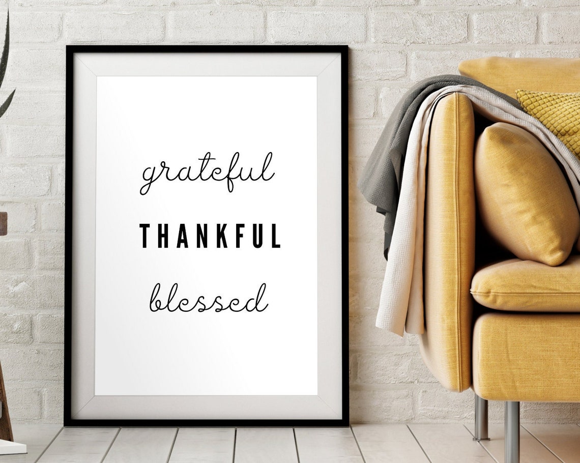 Grateful Thankful Blessed Script Typography Black White Wall Poster
