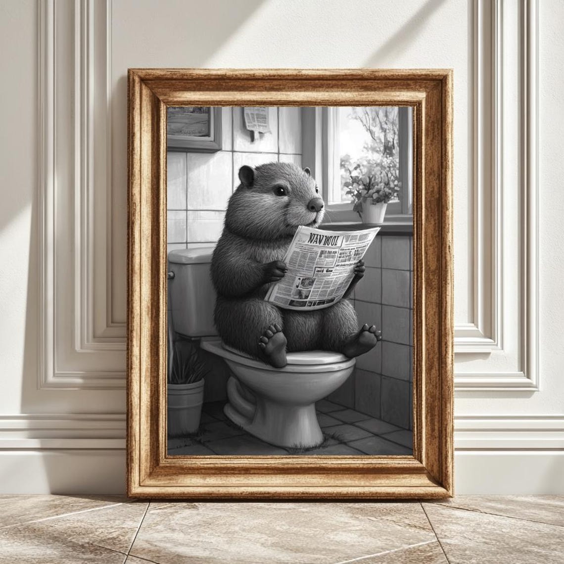 Quirky Beaver On Toilet Reading Newspaper, Bathroom Decor