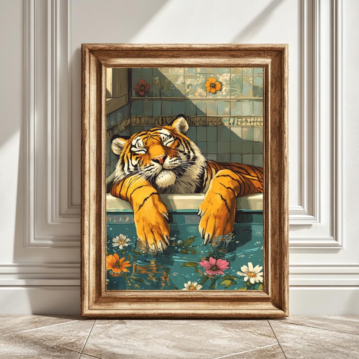 Bathtub Tiger Art Print, Flower Artwork