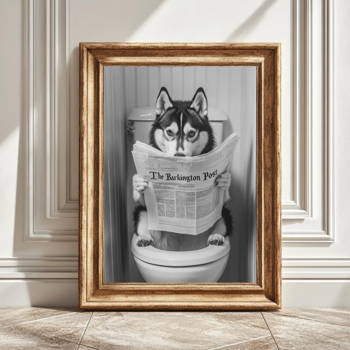 Husky On Toilet Reading Newspaper Art Print