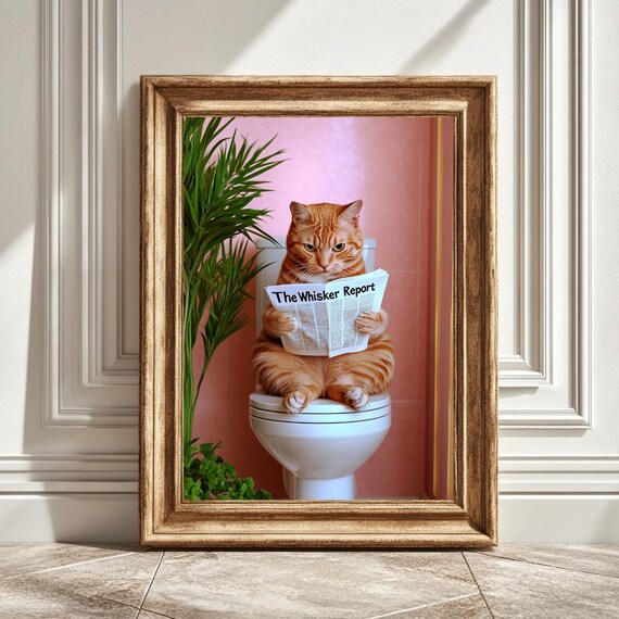 Egyptian Cat With Newspaper, Humorous Bathroom Decor