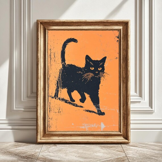 Vintage Retro Black Cat Orange Poster Print