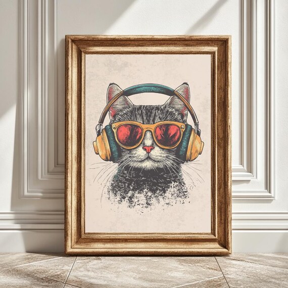 Cat With Headphones, Retro Music Lover Decor