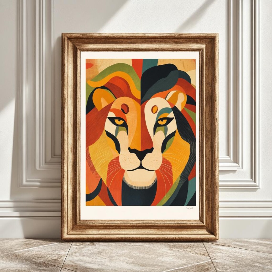 Boho Style Lion Portrait, Vintage Minimalist Art Print