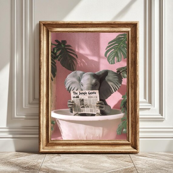 Elephant In Bathtub, Quirky Animal Illustration