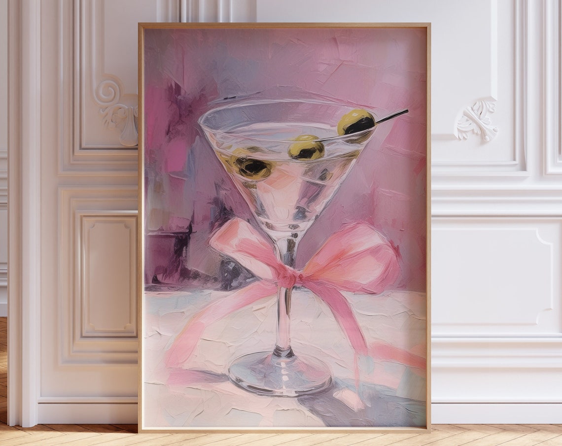 Pink Martini Glass With Bow Oil Painting Coquette Bar Poster