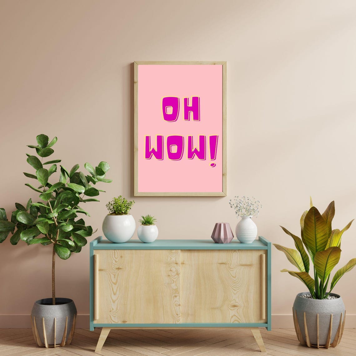 Oh Wow Retro Bubble Letter Positive Pink Pop Art Quote Wall Poster - Image 6