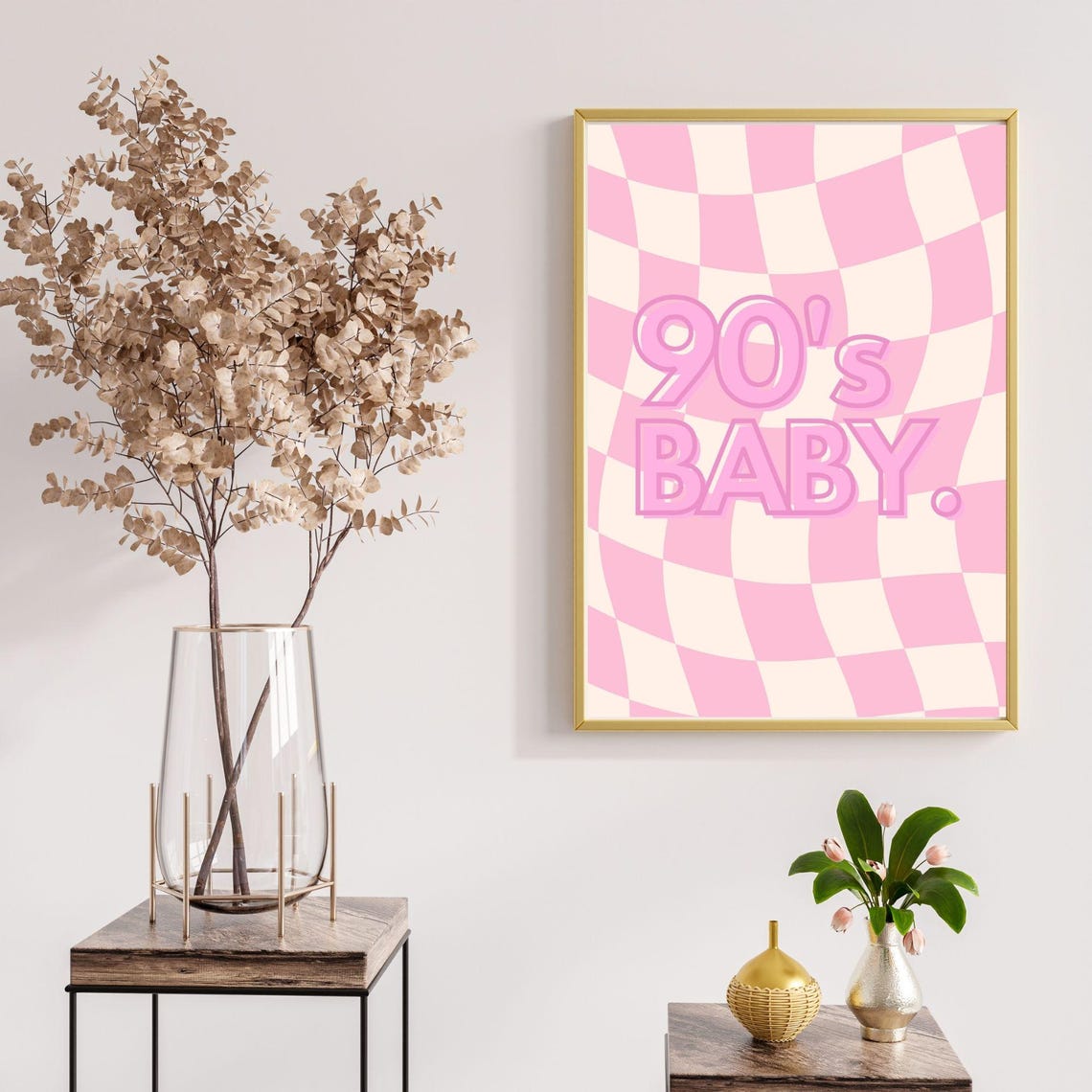 90s Baby Pink Retro Checkerboard Nostalgia Quote Wall Art Poster - Image 7
