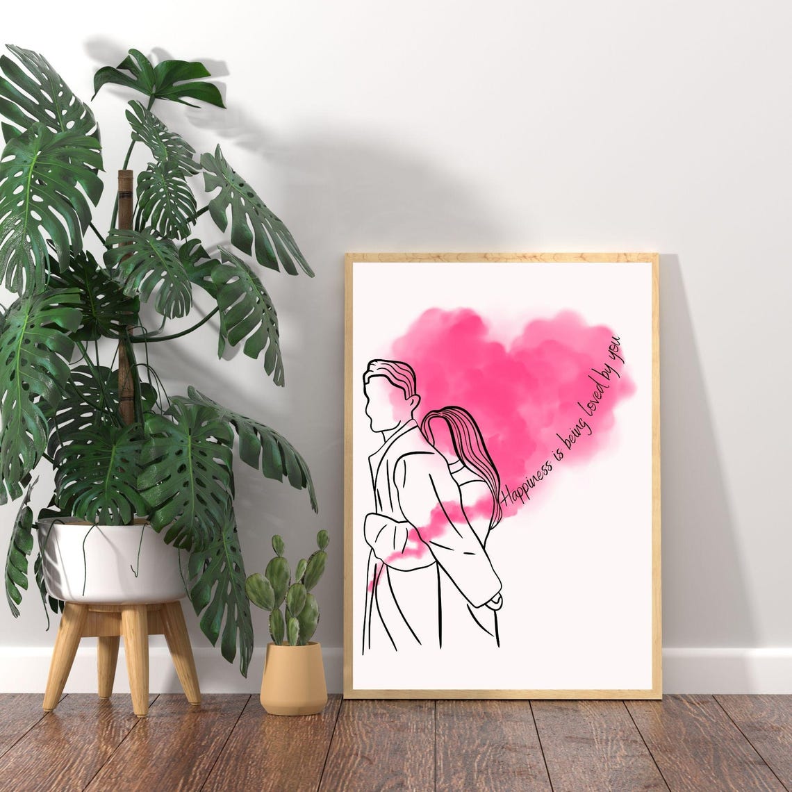 Happiness Is Being Loved By You Couple Line Art Pink Heart Wall Poster - Image 2