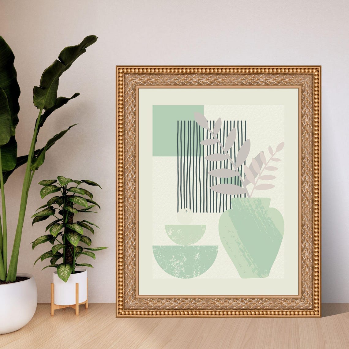 Boho Green Vase With Leaves Abstract Botanical Minimalist Wall Poster - Image 4