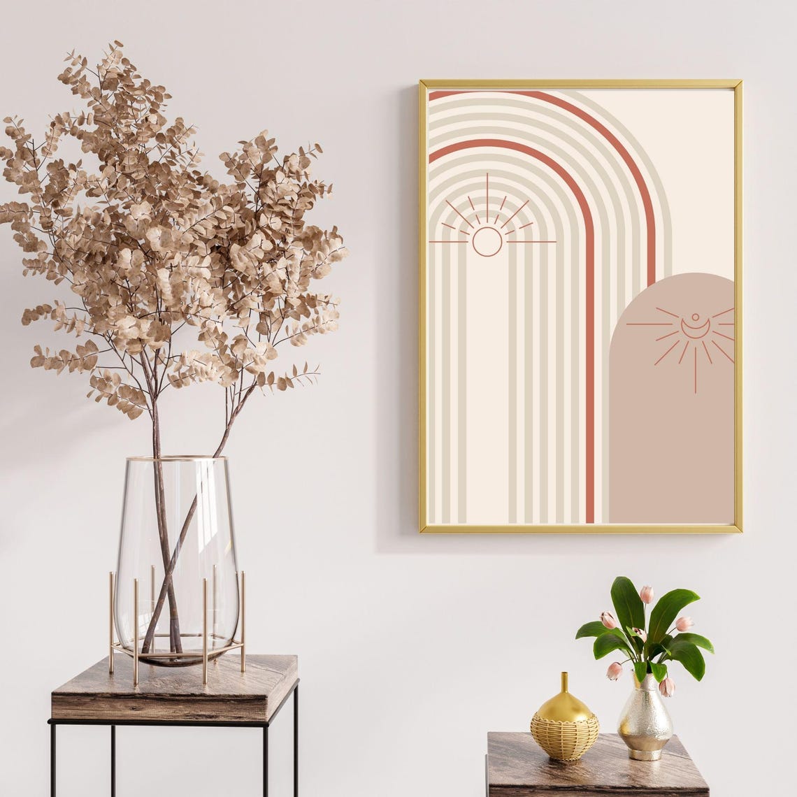 Terracotta Rainbow Arches Sun Line Art Boho Abstract Wall Poster