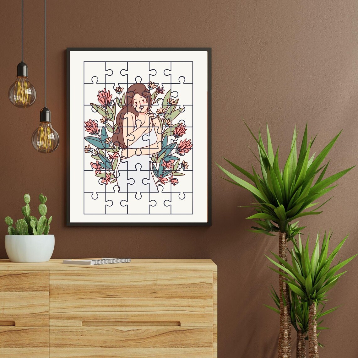 Floral Puzzle Woman Tropical Blooms Botanical Line Art Wall Poster - Image 6
