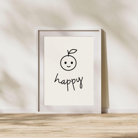 Happy Minimalist Wall Art Featuring Smiling Fruit Design Happy Mood Wall Poster Happy Art Positive Room Poster
